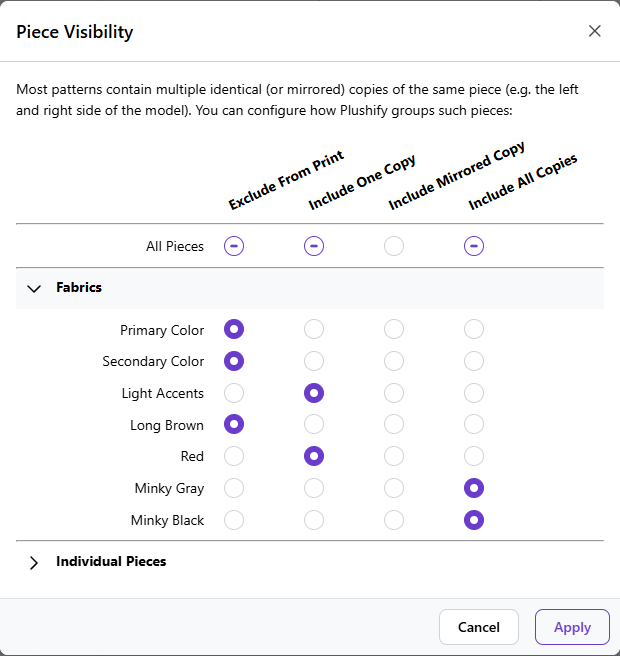 Dialog with configuration of piece visibility of different fabrics.